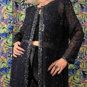 Gorgeous Vintage Silk Beaded Maxi Mandarin Style Jacket Dark Blue Free Size